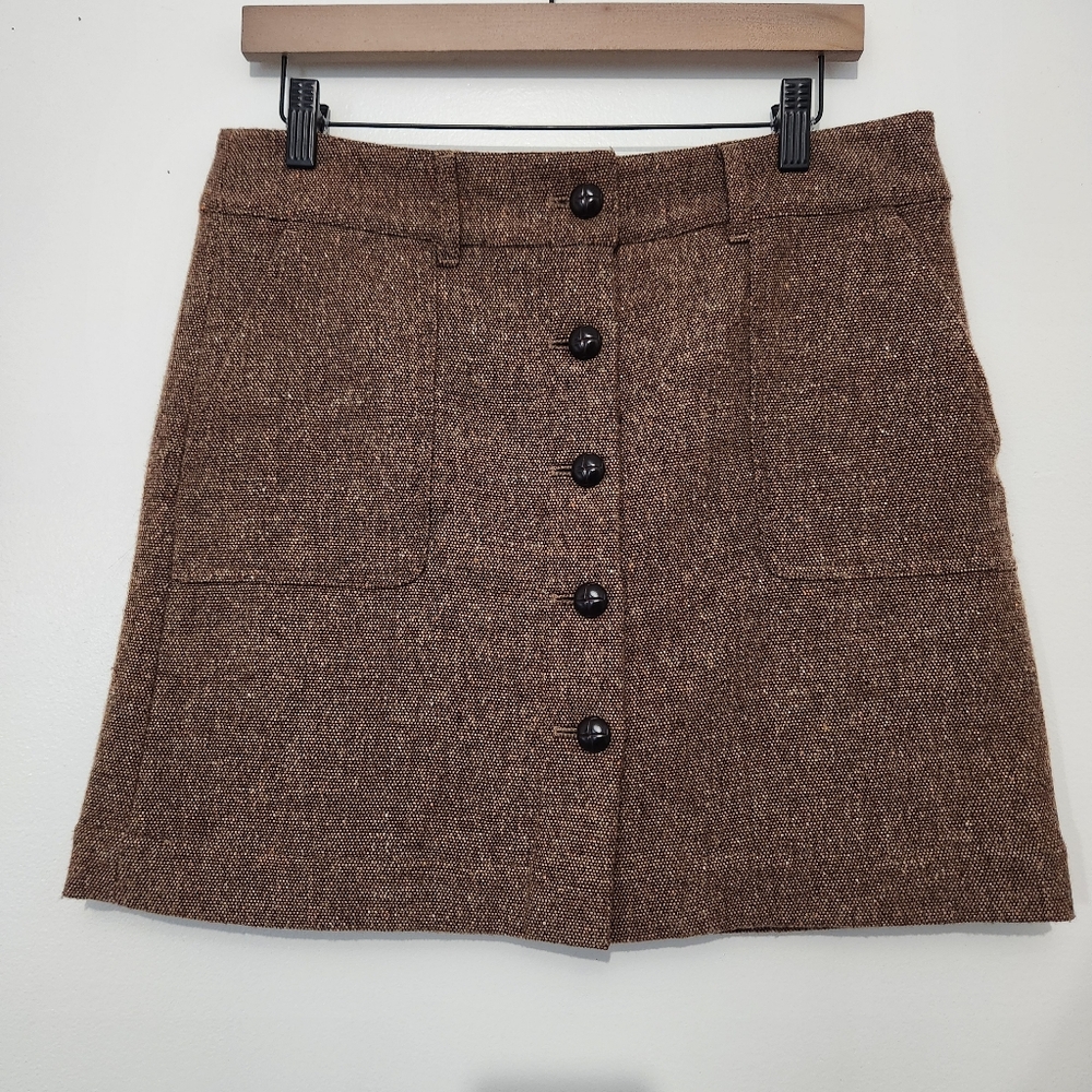 Loft Wool Blend Button Skirt Womens Size 8 Brown Tweed A-Line Fall Academia